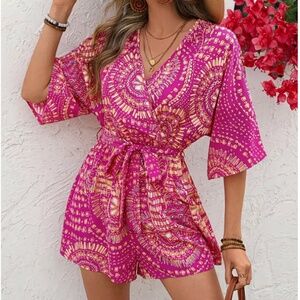 Women's Vibrant Pink/Yellow Jumpsuit with Ruched Waist and V-Neck, Large